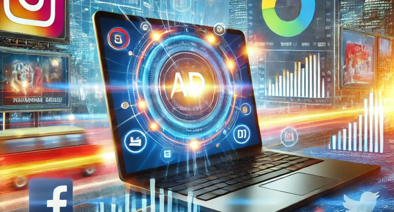 DALL·E 2024-10-23 08.03.23 - A dynamic advertising concept featuring a modern digital campaign. The image includes a laptop screen displaying an online ad, surrounded by social me